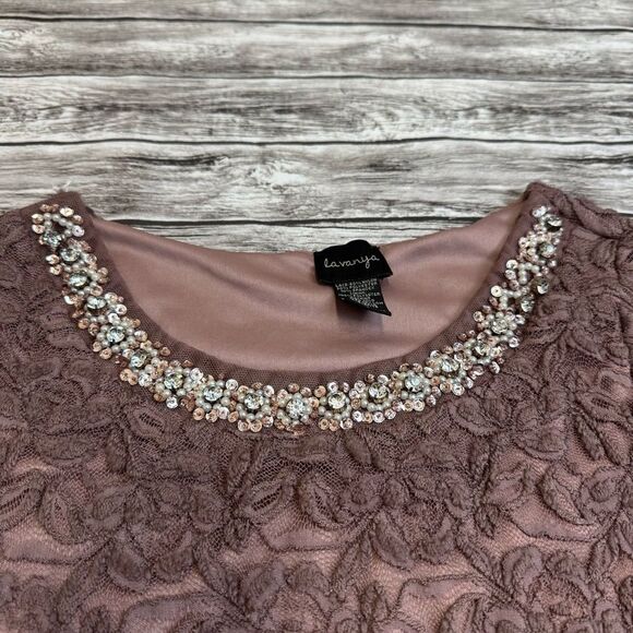 la vanya Women's Lace Overlay Jeweled Neck Tee T Shirt S SM Small Purple Stretch - Picture 3 of 12